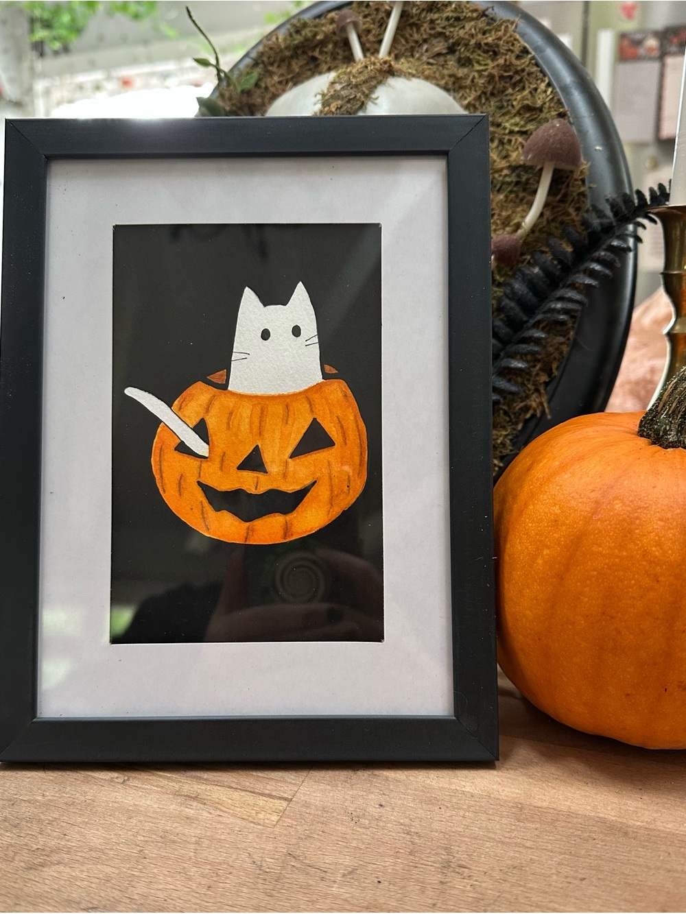 Halloween ghost cat in pumpkin framed watercolor 4x6 Art